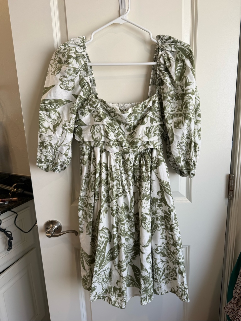 Abercrombie & Fitch White Dress with Olive Green Floral Print